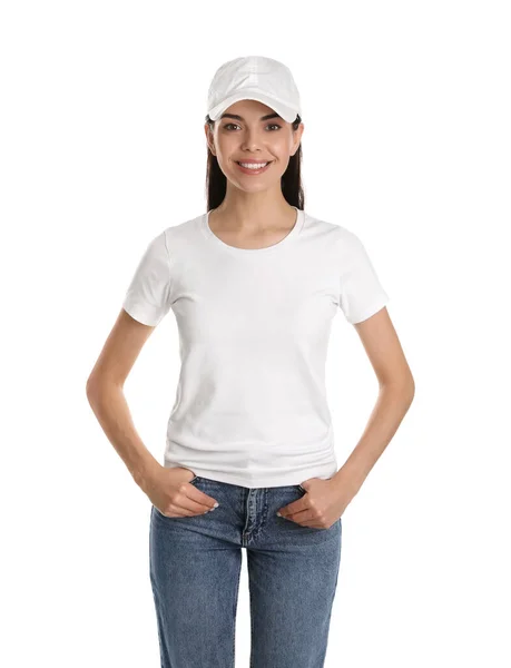 Jonge Vrolijke Vrouw Met Pet Tshirt Witte Achtergrond Mockup Voor — Stockfoto