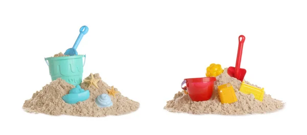 Plastik Strandspielzeug Auf Sandhaufen Vor Weißem Hintergrund Collage Spiel Unter — Stockfoto