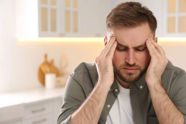 Man Suffering Migraine Home Space Text — Stock Photo, Image