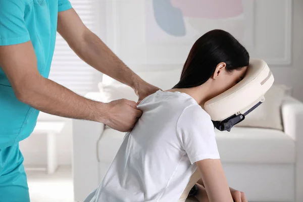 Woman Receiving Massage Modern Chair Indoors — Stock Photo, Image