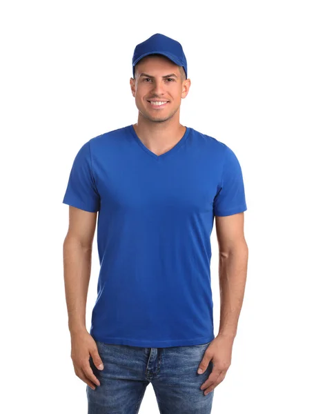 Mavi Şapkalı Beyaz Gömlekli Mutlu Adam Tasarım Için Model — Stok fotoğraf