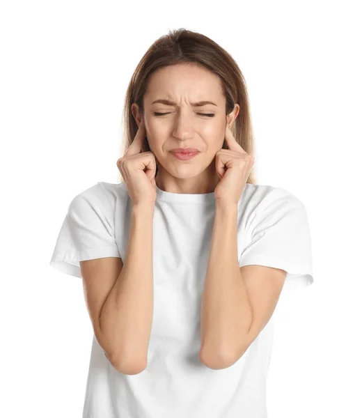 Emotional Young Woman Covering Her Ears Fingers White Background — Stock Photo, Image