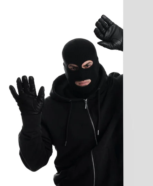 Homem Vestindo Balaclava Preto Fundo Branco — Fotografia de Stock