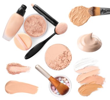 Beyaz arkaplanda farklı sıvı fondöten ve yüz pudrası ile ayarlandı