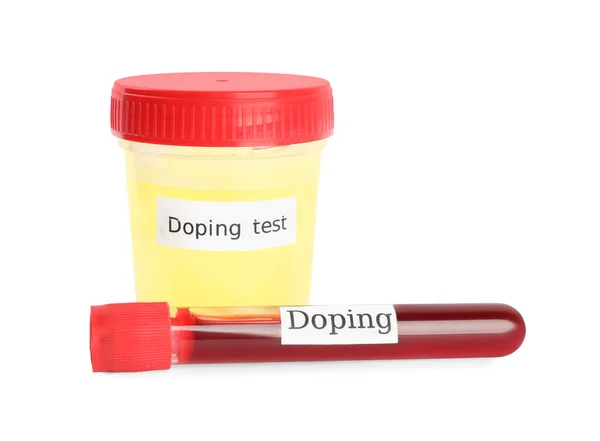 Pojemniki Próbkami Krwi Moczu Kontroli Dopingu Izolowane Białym — Zdjęcie stockowe