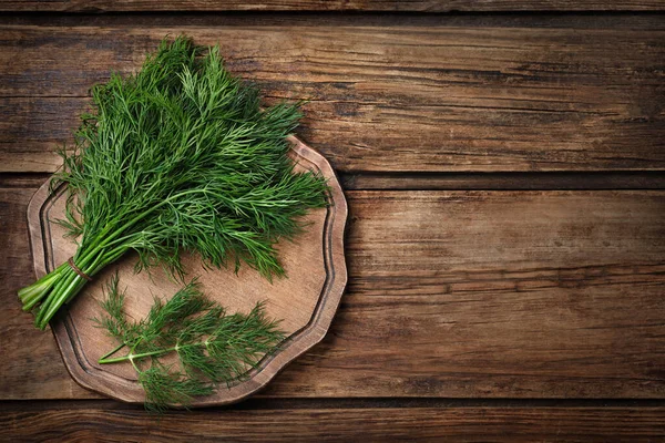 Bunch Fresh Dill Wooden Table Top View Space Text — Stock Photo, Image