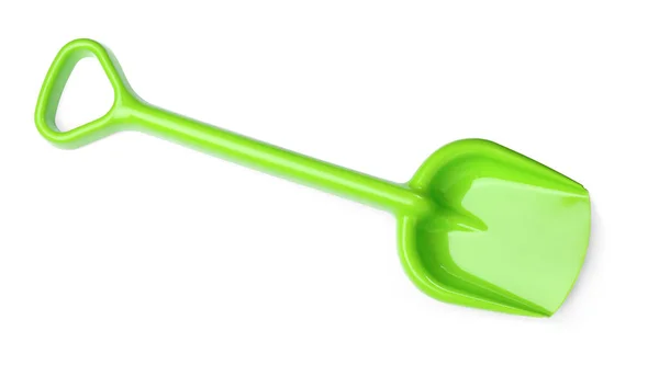 Grüne Plastik Spielzeugschaufel Isoliert Auf Weiß Ansicht Von Oben — Stockfoto