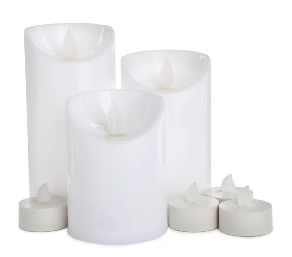 Different Decorative Flameless Led Candles White Background — Stock Photo, Image