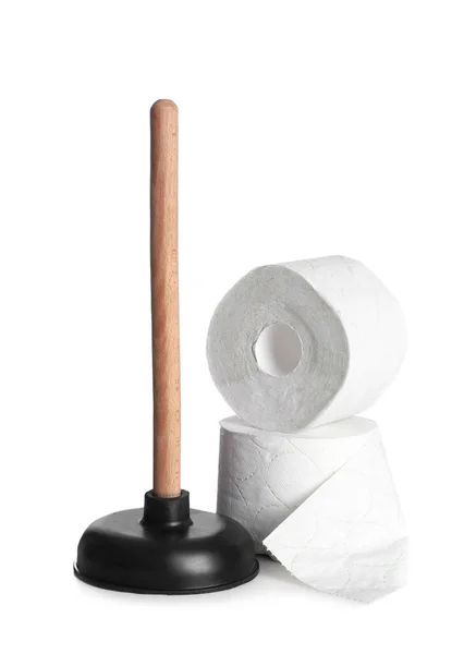 Tłok Drewnianą Rączką Rolkami Papieru Toaletowego Białym Tle — Zdjęcie stockowe