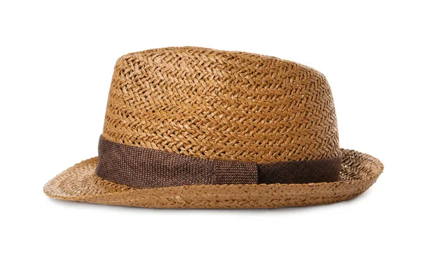 白に隔離されたスタイリッシュな藁帽子 ファッショナブルなアクセサリー — ストック写真