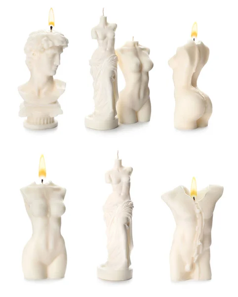 Kolekce Krásných Sochařských Svíček Bílém Pozadí — Stock fotografie