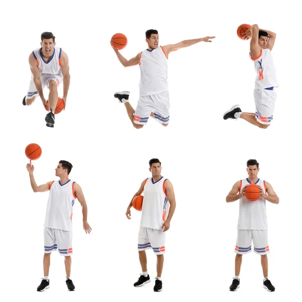 Professionell Idrottsman Spelar Basket Vit Bakgrund Collage — Stockfoto