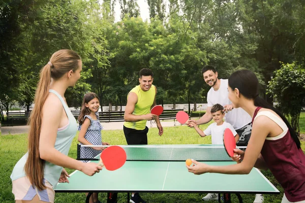 Lyckliga Familjer Spelar Pingis Parken — Stockfoto