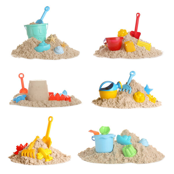 Plastic beach toys on piles of sand against white background, collage. Outdoor play