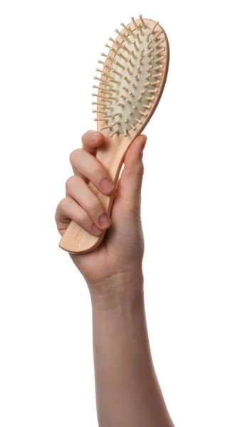 Woman Holding Bamboo Hairbrush White Background Closeup Conscious Consumption — Stock Photo, Image