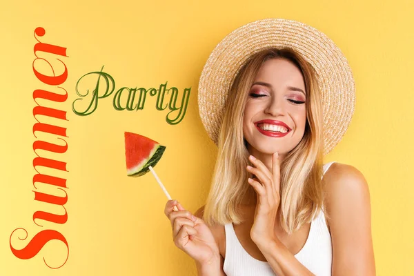 Summer Party Pretty Young Woman Juicy Watermelon Yellow Background — Stock Photo, Image