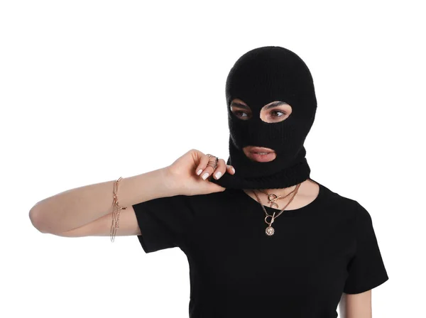 Kvinna Bär Stickad Balaklava Vit Bakgrund — Stockfoto