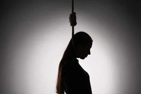 Silhouette Woman Rope Noose Neck Light Background — Stock Photo, Image