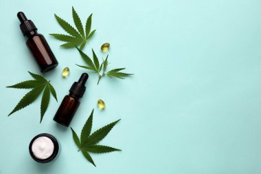 Açık mavi zemin üzerinde kenevir yaprakları, CBD yağı ve THC tentürü ile düz konum, metin için boşluk