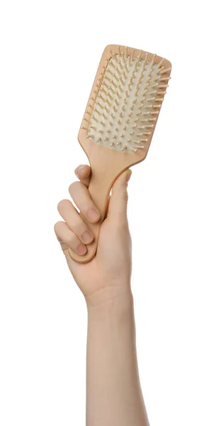 Woman Holding Bamboo Hairbrush White Background Closeup Conscious Consumption — Stock Photo, Image