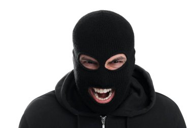 Beyaz arka planda siyah kar maskeli bir adam çığlık atıyor.