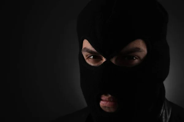 Man Wearing Knitted Balaclava Black Background Closeup Space Text — Stock Photo, Image