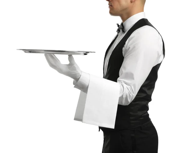 Elegancki Kamerdyner Trzymający Srebrną Tacę Izolowaną Białym Zbliżeniu — Zdjęcie stockowe