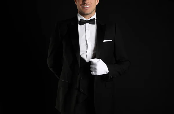 Butler Elegant Uniform Black Background Closeup — Stock Photo, Image