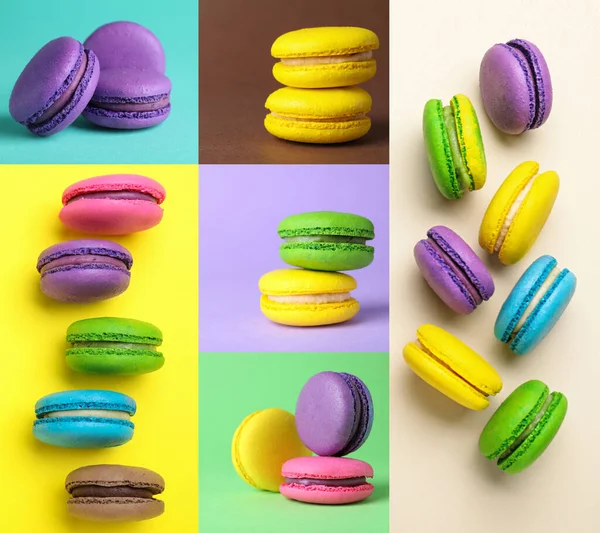 Collage Avec Des Photos Macarons Délicieux Sur Différents Fonds Couleur — Photo