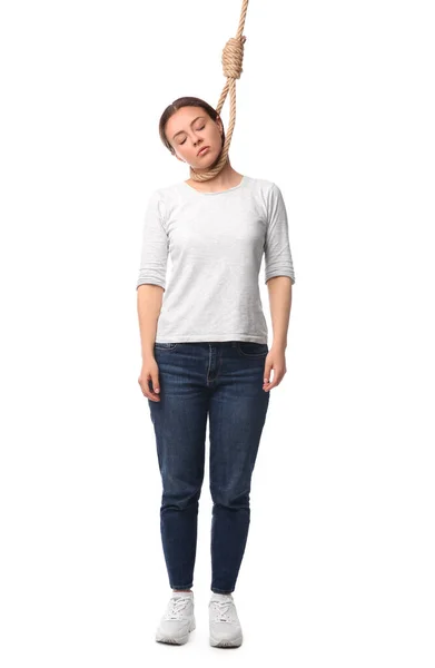 Depressive Frau Mit Strickschlinge Hals Vor Weißem Hintergrund — Stockfoto