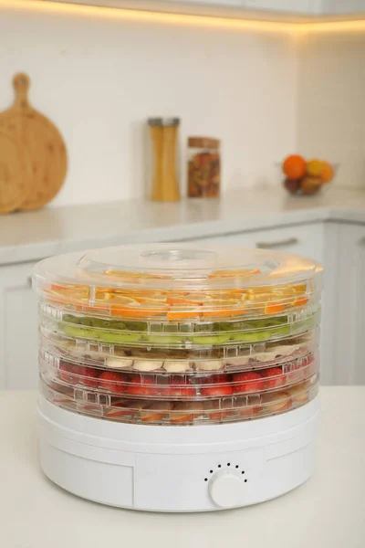 Dehydrator Machine Different Fruits Berries White Table Kitchen — Stock Photo, Image