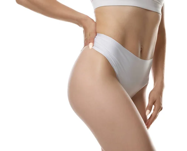 Vista Perto Mulher Magra Roupa Interior Fundo Branco Conceito Problema — Fotografia de Stock