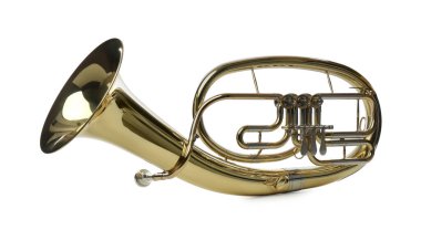 Tenor boynuzu beyazda izole edilmiş. Rüzgar müzik aleti