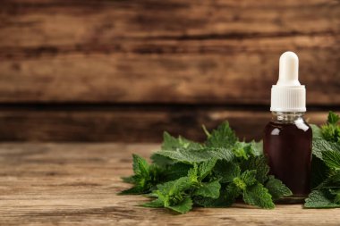 Cam şişe ısırgan otu yağı, yanında damlatıcı ve ahşap masa yaprakları. Metin için boşluk