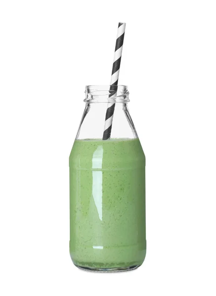 Leckere Frische Grüne Smoothie Der Flasche Auf Weißem Hintergrund — Stockfoto