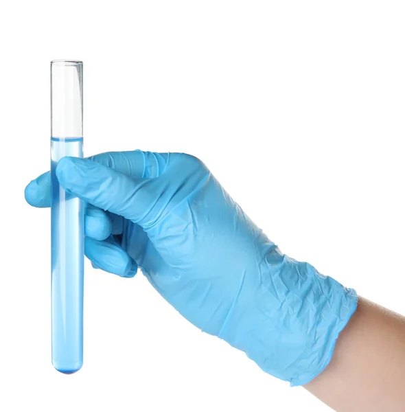 Doctor Holding Test Tube Liquid White Background Closeup — Stockfoto