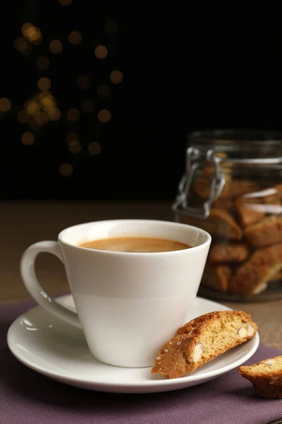 Tasty Cantucci Cup Aromatic Coffee Wooden Table Traditional Italian Almond — Stock Photo, Image
