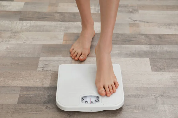 Woman Stepping Floor Scales Closeup Weight Control — Stock Photo, Image