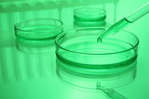 Dripping Reagent Petri Dish Sample Table Toned Green — Stock Photo, Image