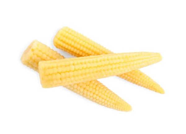 Färsk Baby Corn Kolvar Vit Bakgrund Ovanifrån — Stockfoto