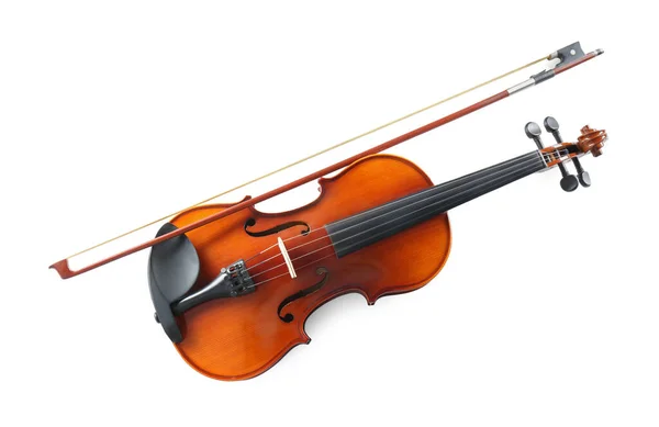 Prachtige Viool Met Strik Witte Achtergrond Bovenaanzicht Klassiek Muziekinstrument — Stockfoto