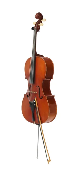 Beau Violoncelle Avec Archet Sur Fond Blanc Instrument Musique Classique — Photo