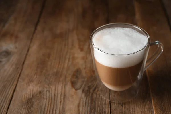 Heißer Kaffee Mit Milch Glasschale Auf Holztisch Raum Für Text — Stockfoto