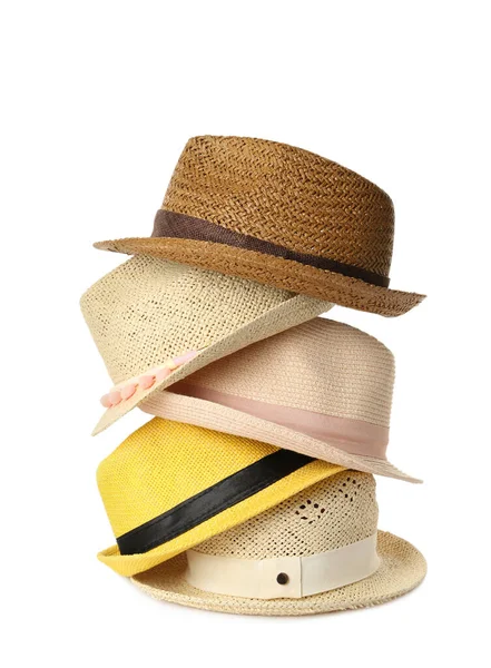 Many Different Stylish Straw Hats White Background — Stock Photo, Image