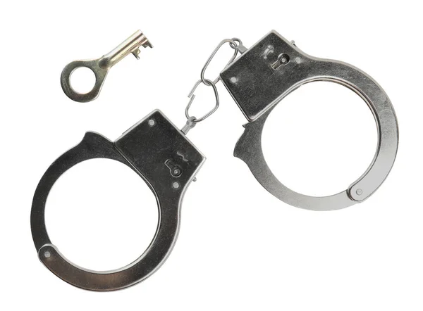 Classic Chain Handcuffs Key White Background Top View — Stock Photo, Image