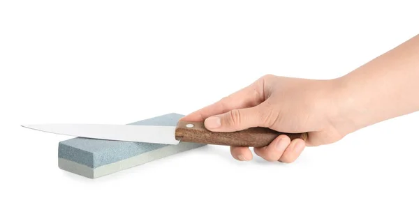 Kvinna Skärpning Kniv Vit Bakgrund Närbild — Stockfoto