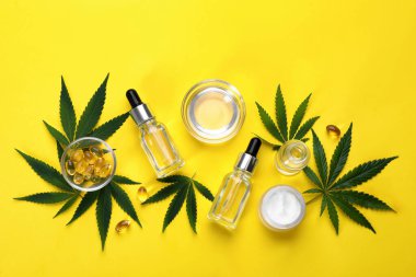 Sarı zemin üzerinde kenevir yaprakları, CBD yağı ve THC tentürü bulunan düz bir bileşim.