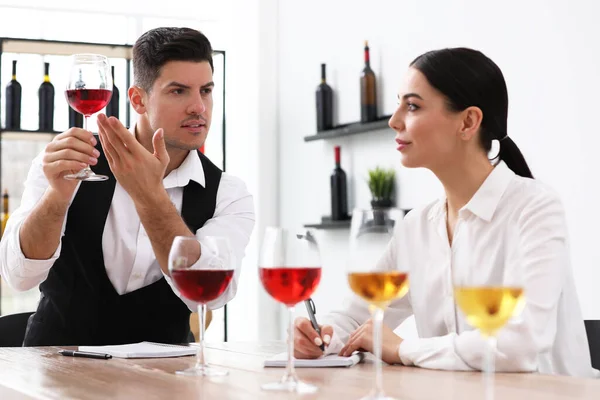 Sommeliers Tasting Different Sorts Wine Table Indoors — Stock Photo, Image