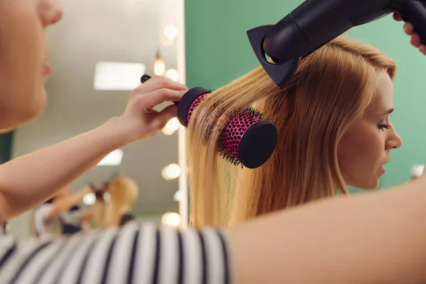 Stylist Blow Drying Woman Hair Salon — Stock Photo, Image