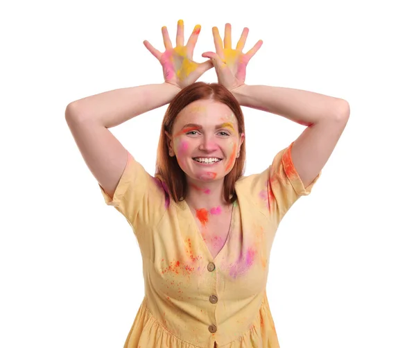 白底上覆盖着彩色粉末染料的女人 Holi节庆祝活动 — 图库照片